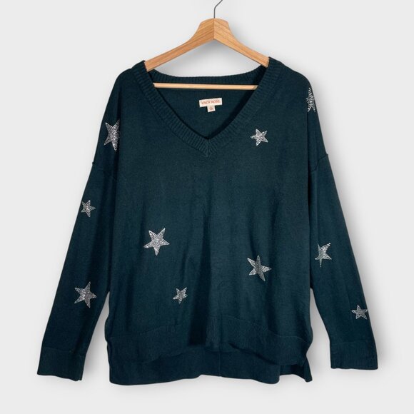 🍂🍁 Knox Rose Sweater XL Gray V-neck Lightweight Embellished Stars Casual - Picture 1 of 6